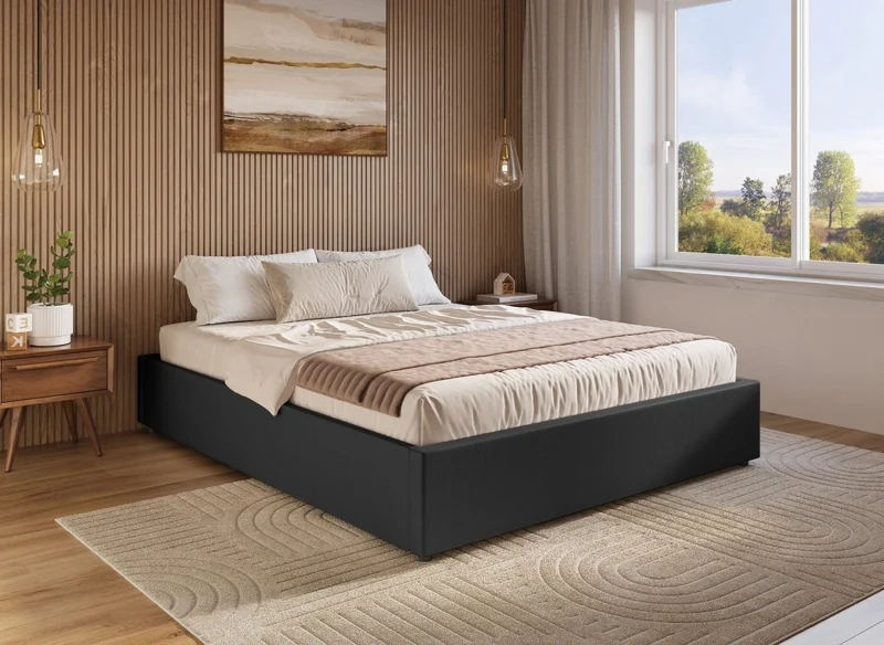 Cama abatible LIZBAN de 160x200 cm en piel sintética negra con almacenaje