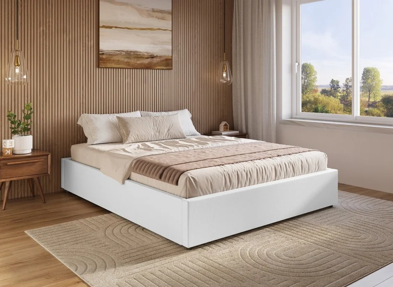 Cama abatible LIZBAN de 180x200 cm en piel sintética blanca con almacenaje