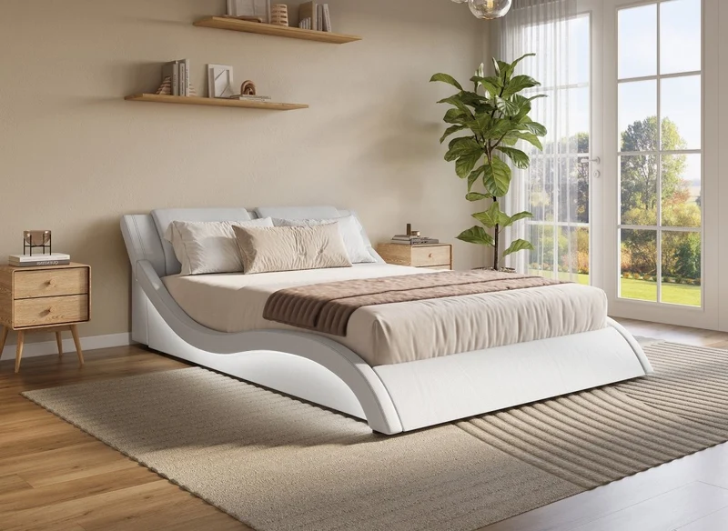 Cama ZEDA de piel sintética blanca con iluminación LED, 180x200 cm