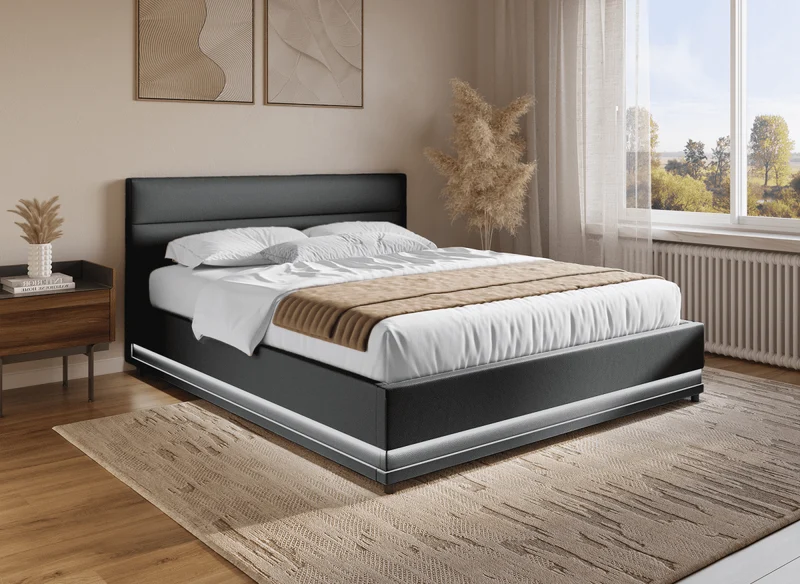 Cama con almacenaje ELENCE de piel sintética negra, 180x200 cm