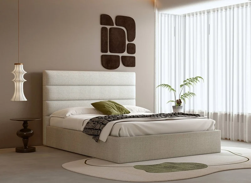Cama con almacenaje SHANNA de 180 x 200 cm, tapizada en lino beige.