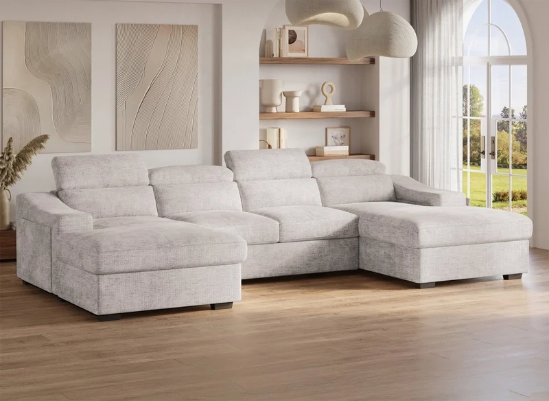 Sofá panorámico convertible VELORA con 2 compartimentos de almacenamiento en terciopelo jaspeado beige.