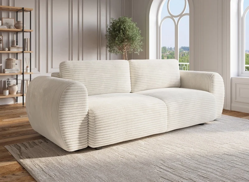 Sofá convertible de 3 plazas TILDA con almacenaje en tejido acanalado beige suave