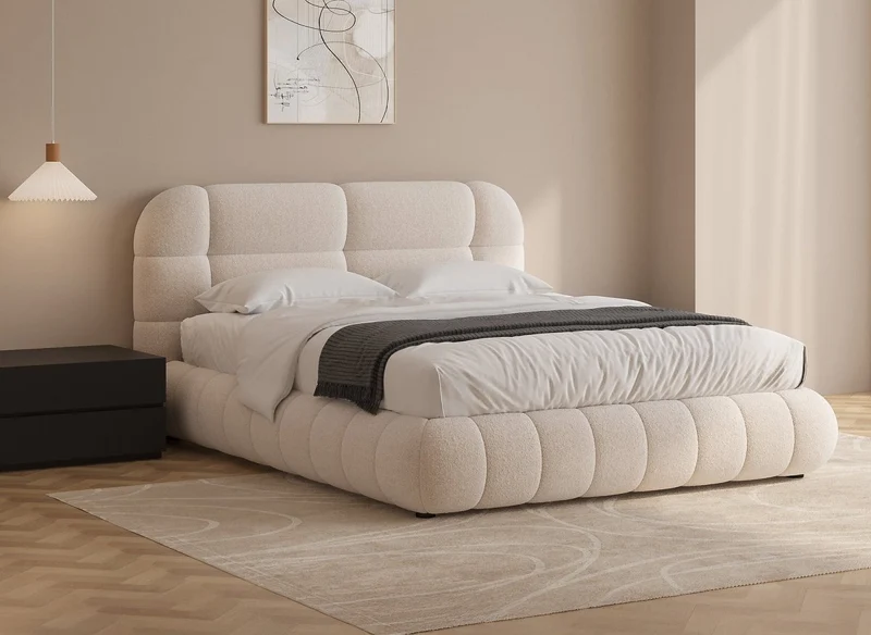 YOURI Cama doble de tela bouclé color crudo 160x200 cm