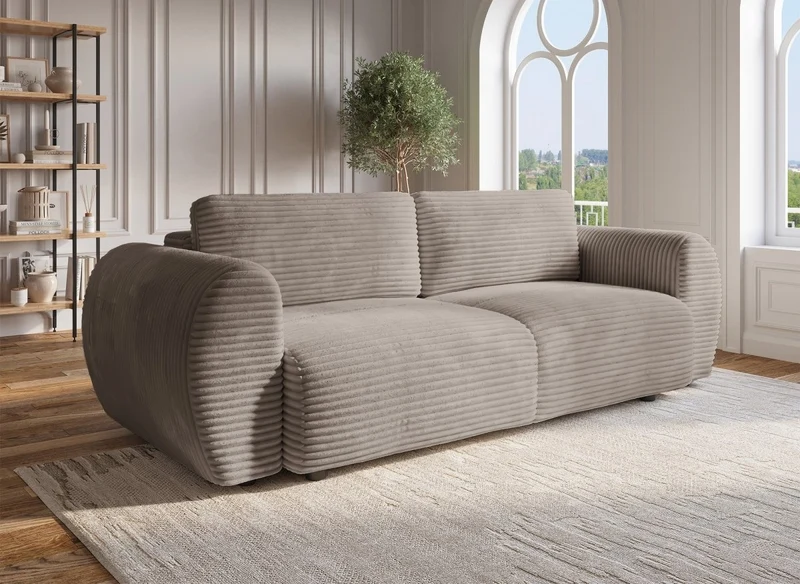 Sofá convertible de 3 plazas TILDA con almacenaje en suave tejido acanalado color topo