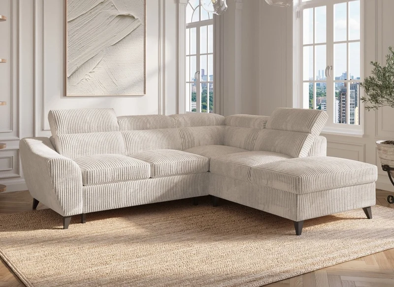 Sofá esquinero convertible DALTON con almacenaje en pana gruesa color beige - Esquinero derecho