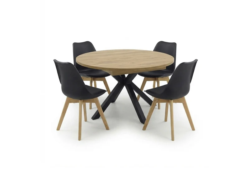 Pack Mesa Redonda Extensible Dalia + 4 Sillas Negras. Comedor o Cocina