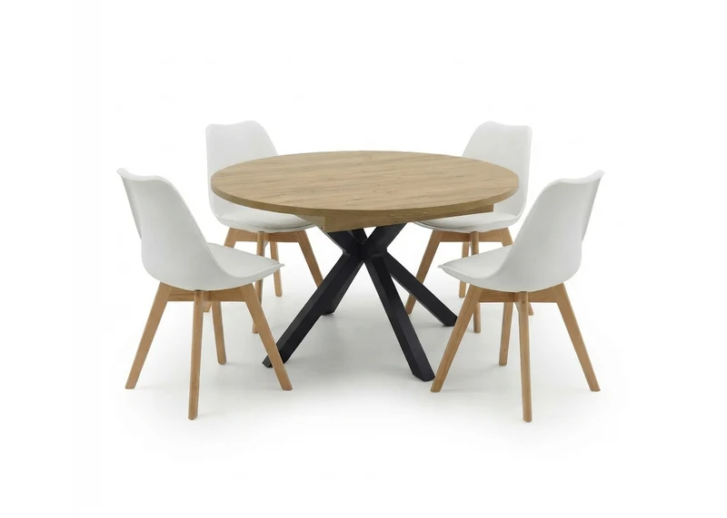 Pack Mesa Redonda Extensible Dalia + 4 Sillas Blancas. Comedor o Cocina