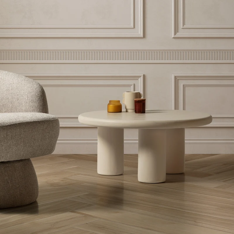 Mesa de centro redonda Iriel 80 cm Tres patas crema efecto cemento