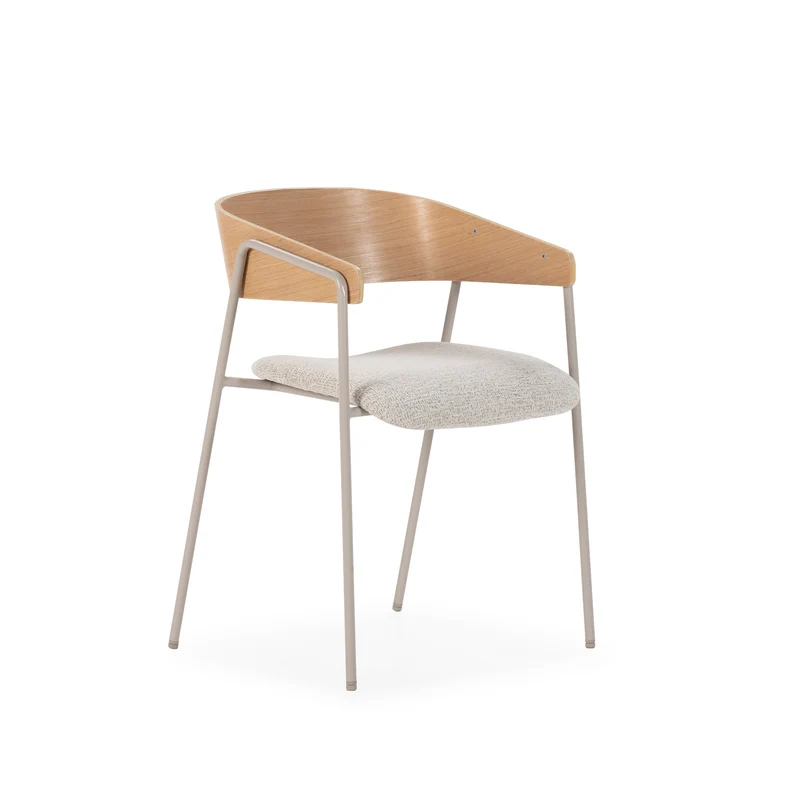 Silla de comedor Cora Beige y respaldo de roble y patas metálicas grises 2