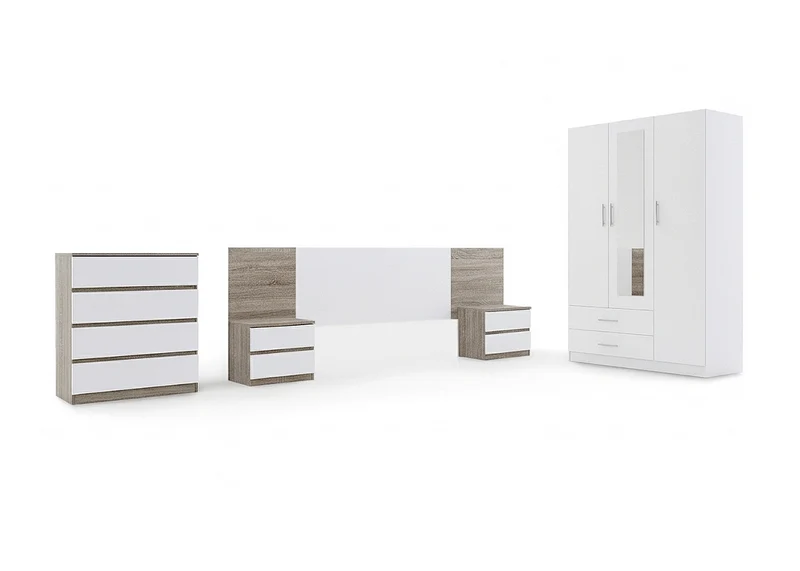 Dormitorio Completo: Armario + Comoda + 2 Mesitas de Noche + Cabecero