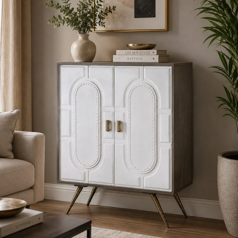 Aparador Relevo Branco com Acabamentos Bronze 93X41X114 WHITE GLOW