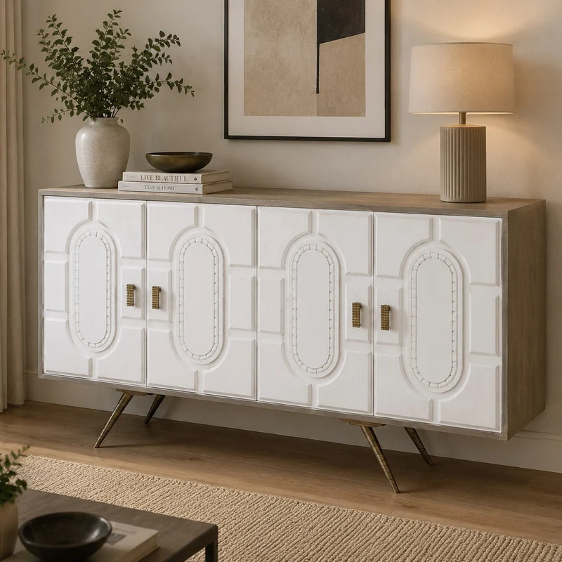 Aparador Relevo Branco com Acabamentos Bronze 152X43X84 WHITE GLOW