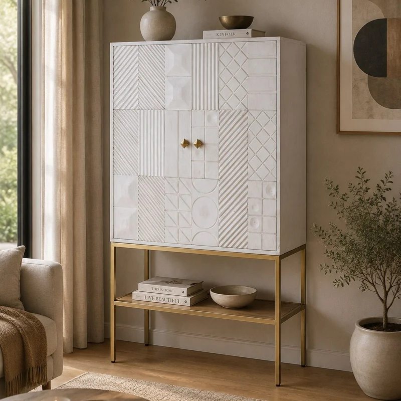 Aparador Relevo Branco com Acabamentos Dourado 91X44X152 WHITE GLOW