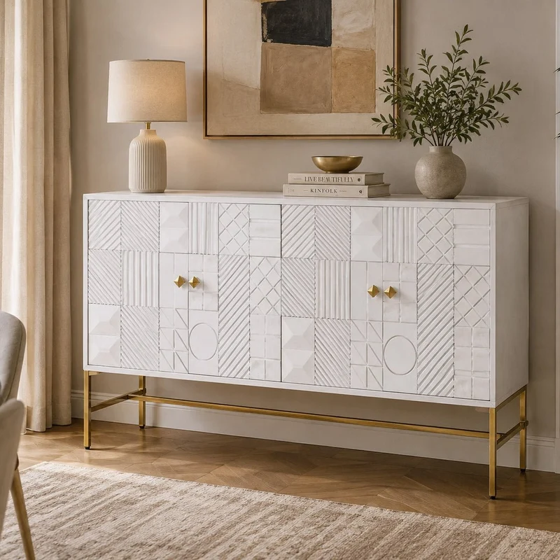 Aparador Relevo Branco com Acabamentos Dourado 157X43X84 WHITE GLOW