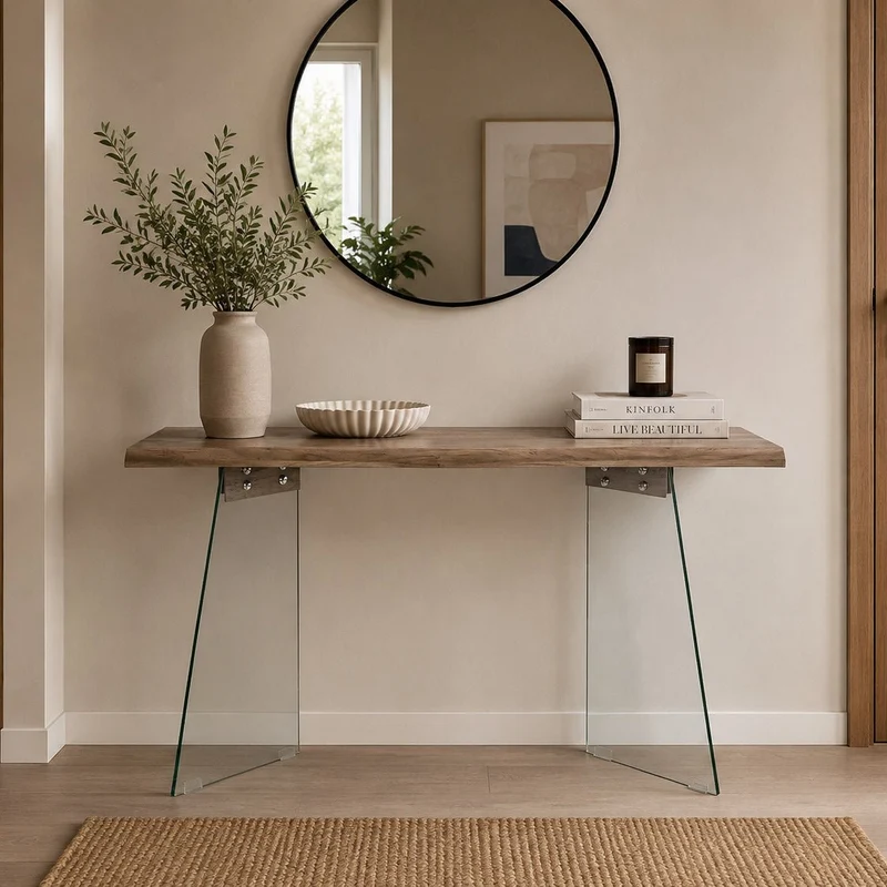 Consola Cinza Claro com Estrutura em Vidro Transparente | 120x40x76 cm | PRISMA