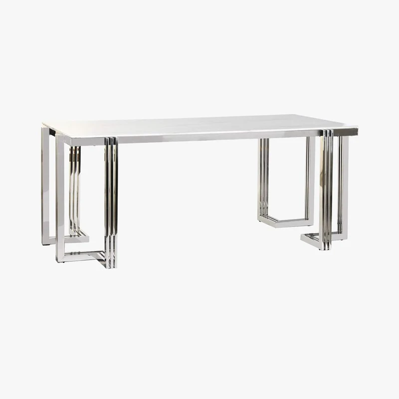 Mesa de Jantar Tampo Efeito Mármore e Base Metálica Prateada | 180x90x76 cm | PRISMA