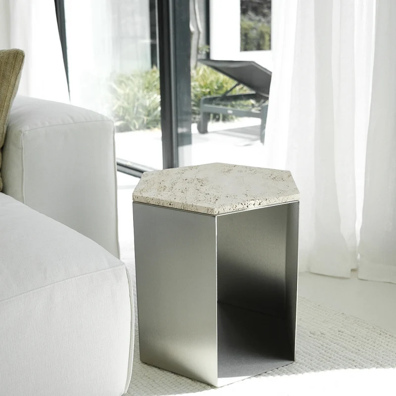 Mesa de centro de travertino Acero inoxidable – Hexágono - Tapa de travertino
