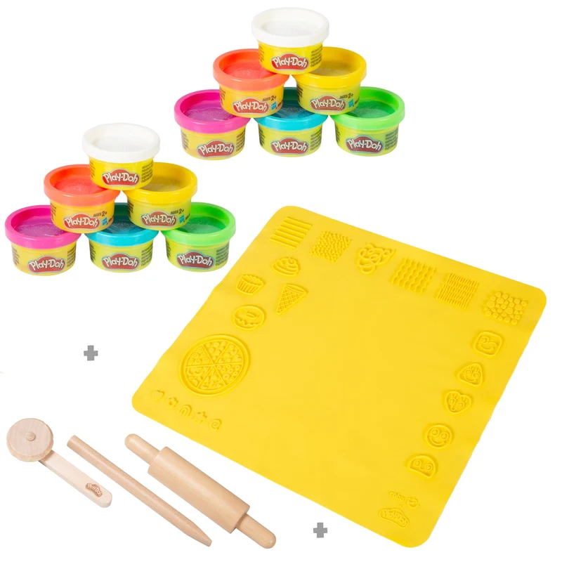 roba x Play-Doh Set - 3D-Kreativmatte mit 12 Knetdosen & Holzwerkzeugen