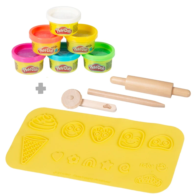 roba x Play-Doh Starterset - 3D-Kreativmatte, Holzwerkzeuge, 6 Knetdosen