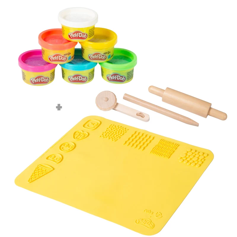 roba x Play-Doh Spielset mit 3D-Kreativmatte, Holzwerkzeugen, Knetdosen