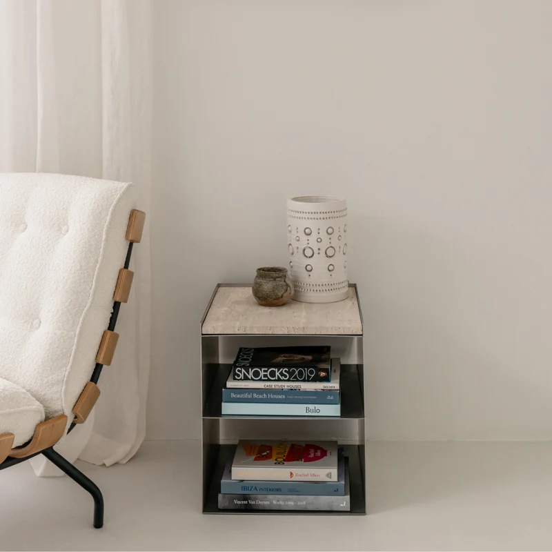 Mesa de salón Sofia – Travertino blanco y cromo: una combinación perfecta - acero inoxidable