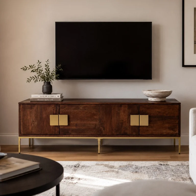 Móvel Televisão Madeira e Detalhes em Dourado 147x42,50x50 VARANASI