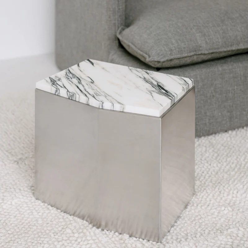 Mesa de salón metal - Creully - Acero inoxidable con mármol azul y blanco