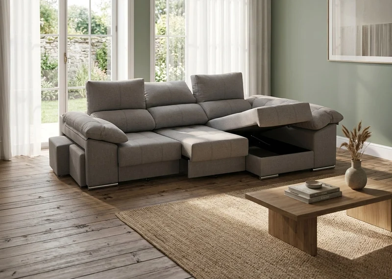Sofa Cama Chaise Longue Yago 275cm. Reclinable, con Arcon +2 pufs