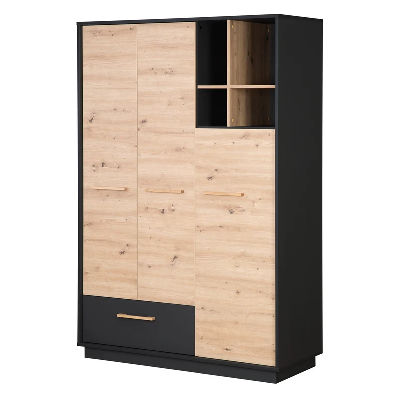 Kleiderschrank 'Lenn' 3-türig - Anthrazit - Holzdekor 'Artisan Eiche' - Massivholzgriffe