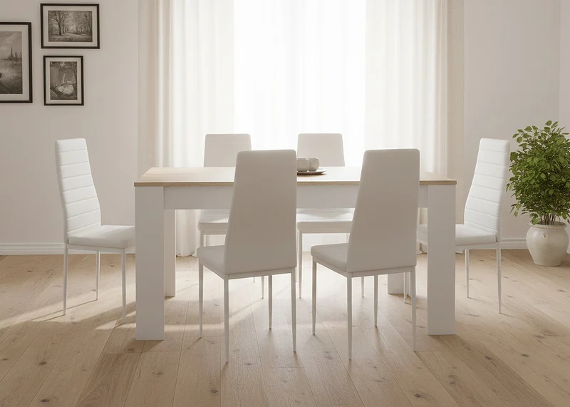 Mesa Extensible de Comedor o Cocina + 6 Sillas en Polipiel/metal