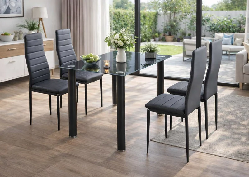 Mesa de Cristal Templado + 4 Sillas Polipiel. Comedor o Cocina