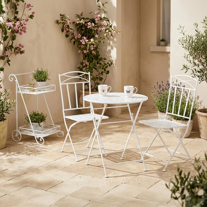 Conjunto de mesa e duas cadeiras em metal com folhas branco REVIVAL
