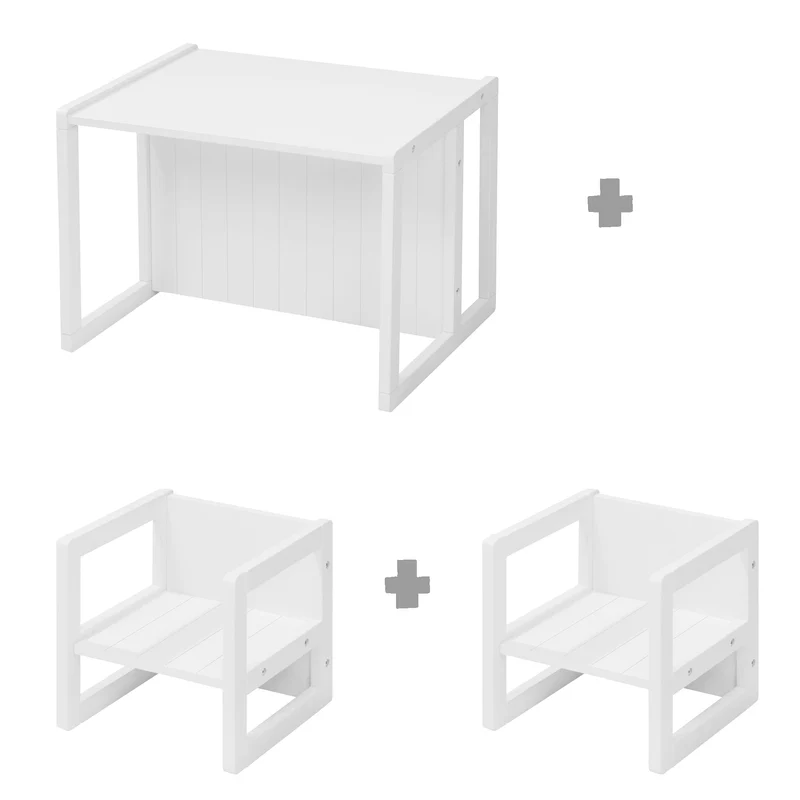 Sitzgruppe im Landhausstil für Kinder, 2 Hocker & eine zum Tisch umwandelbarer Kinderbank, weiß