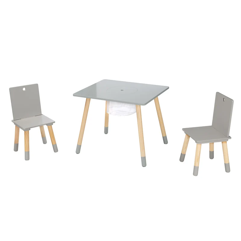 Kindersitzgruppe, Set aus Stühlen und Tisch, Holz grau lackiert, inkl. Aufbewahrungsnetz