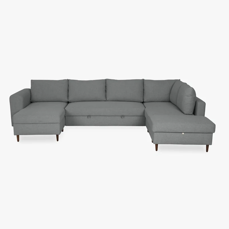 Sofá Cama com Chaise Longue à Esquerda e Pufe à Direita Bege CRAIG