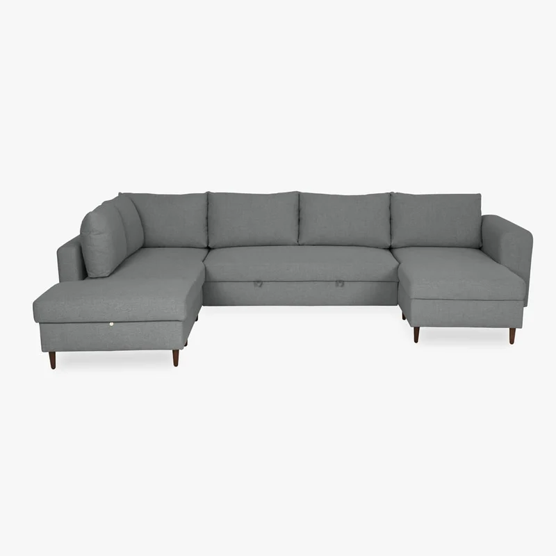 Sofá Cama com Chaise Longue à Direita e Pufe à Esquerda Bege CRAIG
