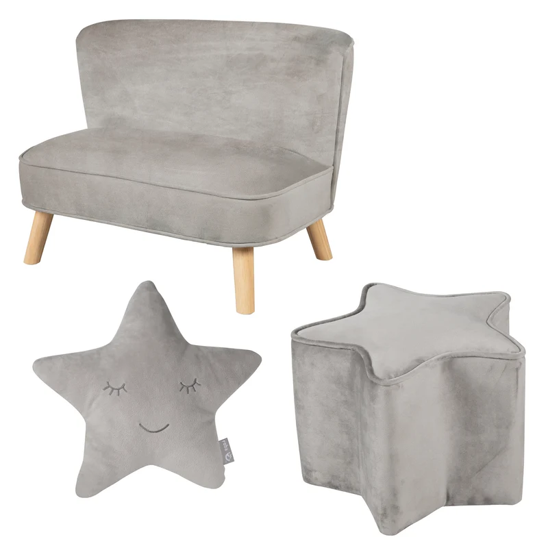 Bundle 'Lil Sofa' inkl. Kindersofa, Sternenhocker, Dekokissen Stern in silbergrau