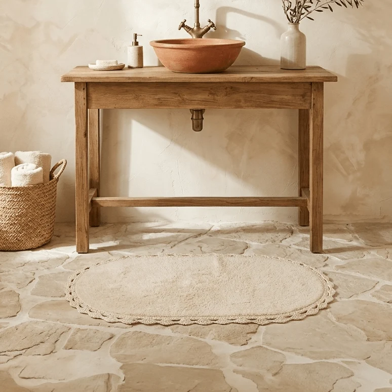 Tapete de Casa de Banho Algodão Oval com Renda Bege TWIG