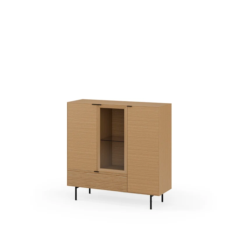 Aparador alto Tulsa roble 120 cm con patas metálicas, 3 puertas y 1 cajón