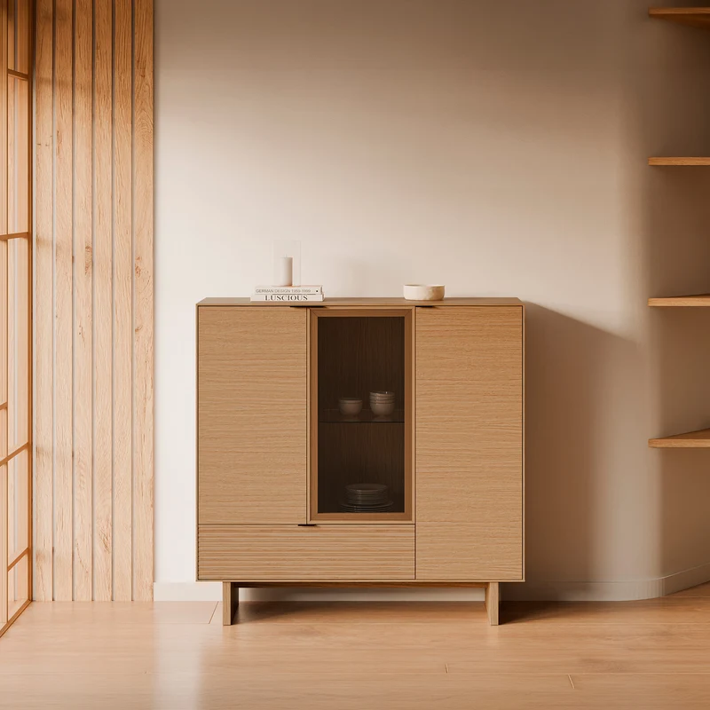 Aparador alto Tulsa roble 120 cm con 3 puertas y 1 cajón, patas de madera