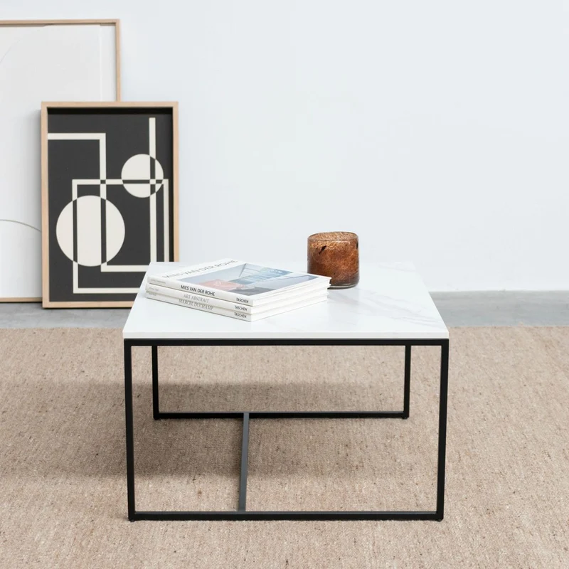 Mesa de centro de cerámica - Miles - Cerámica blanca Calacatta - 55×55×35cm