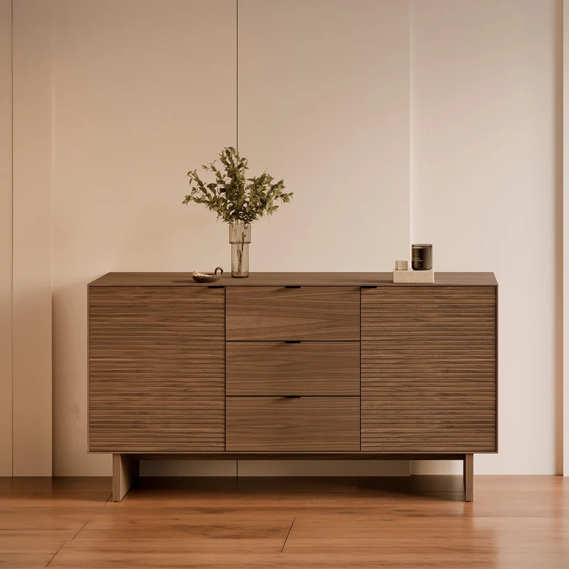 Aparador Tulsa nogal 160 cm con patas de madera, 2 puertas y 3 cajones