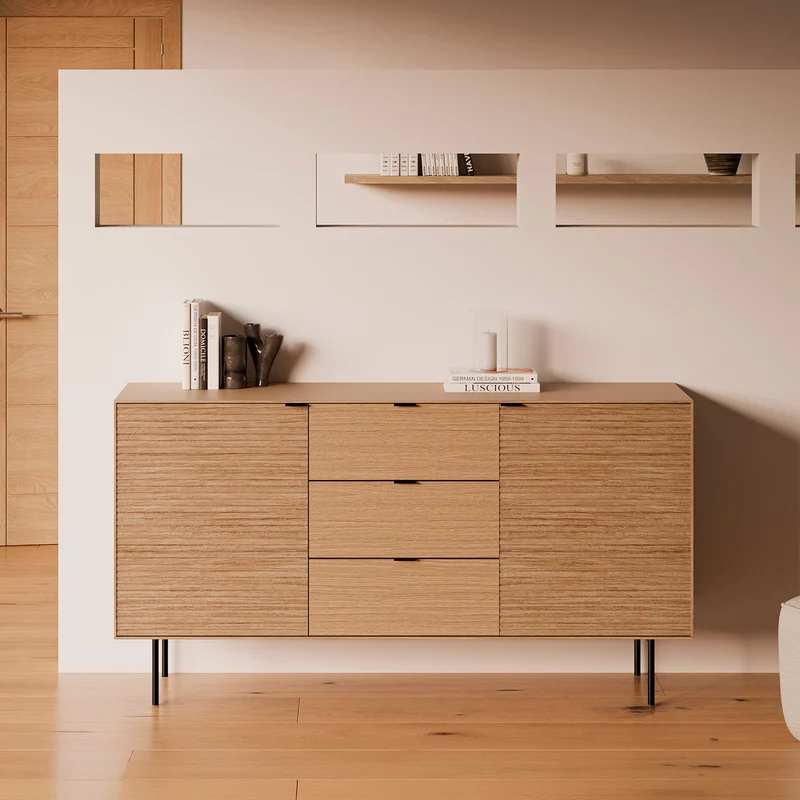 Aparador Tulsa roble 160 cm con patas metálicas, 2 puertas y 3 cajones