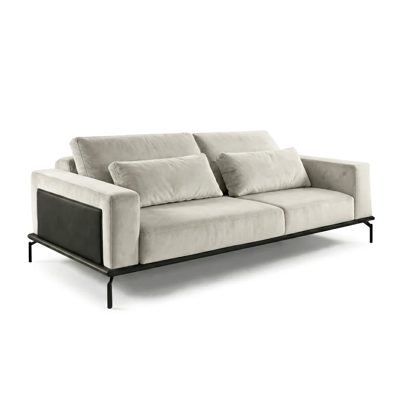 Sofá 2 Cuerpos Desser Tela Beige Detalle En Eco Cuero - 1.98m a Confección