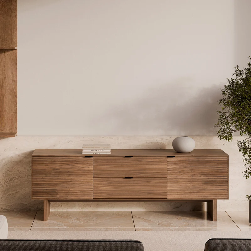Mueble TV Tulsa nogal 160 cm con puertas y cajones, patas de madera