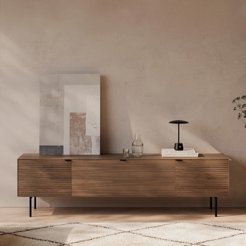 Mueble TV Tulsa nogal 200 cm con puertas de madera, patas metálicas