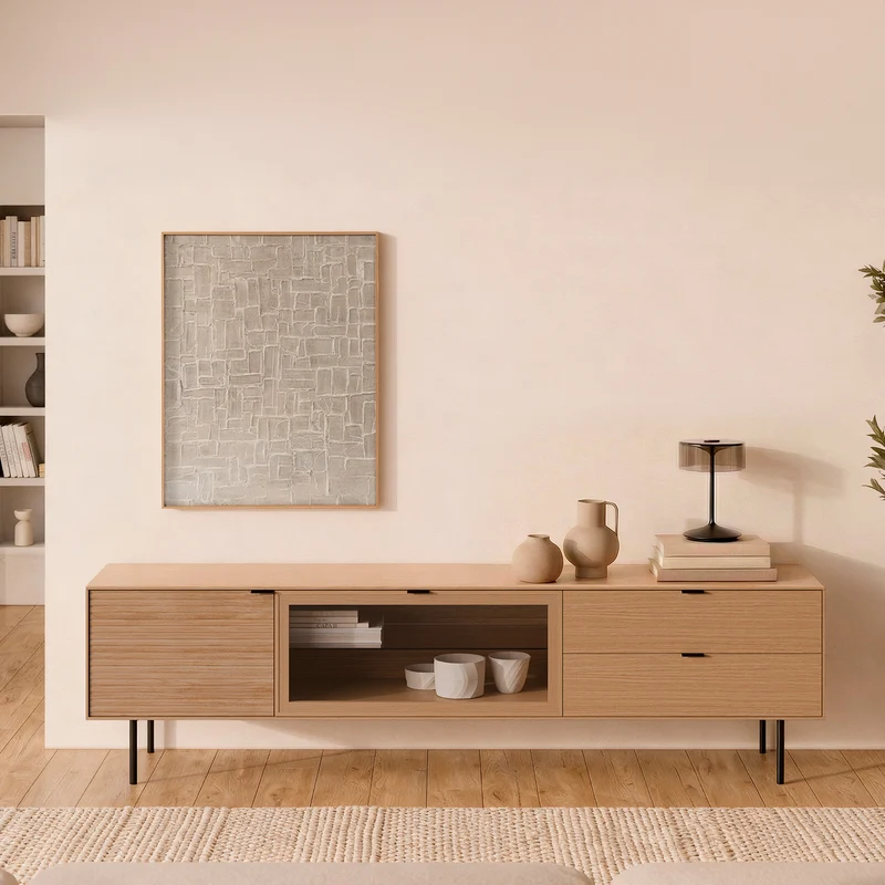 Mueble TV Tulsa roble 200 cm con puertas y cajones, patas metálicas