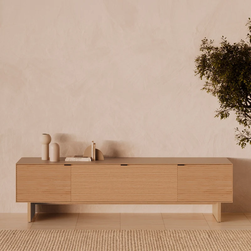 Mueble TV Tulsa roble 200 cm con puertas de madera, patas de madera