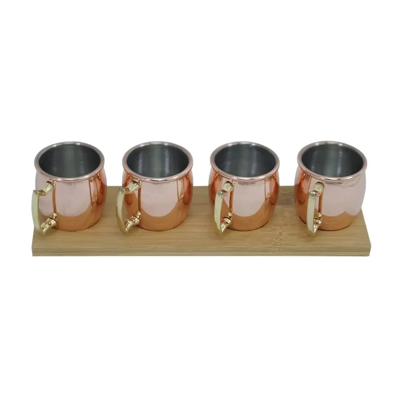 Mini Mugs Cobrizados con Base de Madera - Set de 4